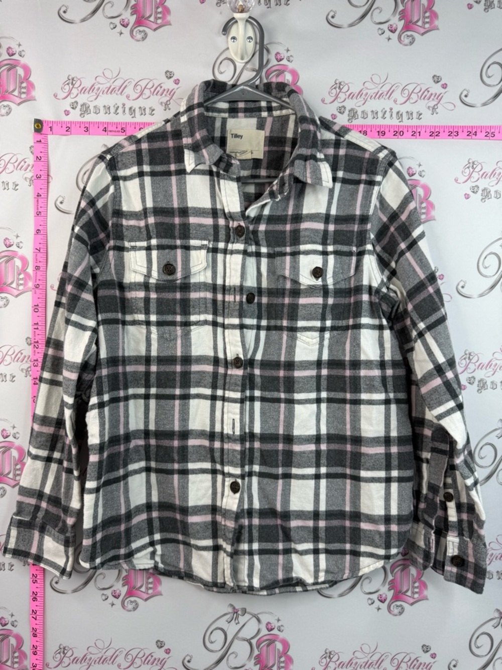 Tilley long sleeve Plaid Button-Up Shirt in White, Black & Light Pink